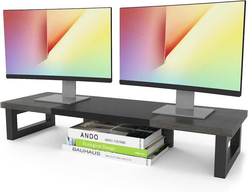 WESTREE Dual Monitor Stand Riser, Wood and Steel Monitor Stand Riser, Computer Monitor Stand for 2 Monitors, Multi-Purpose Desktop Storage Stand for Computer,Laptop,Printer,TV - Image 1
